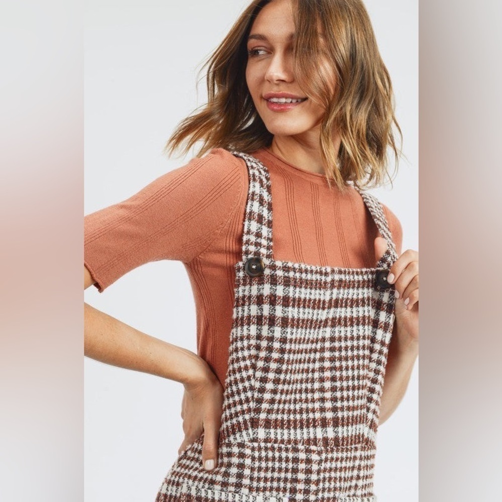 NWT Tea N Rose Brown and White Overall Houndstooth Pinafore Dress Raw Hem - Picture 11 of 12